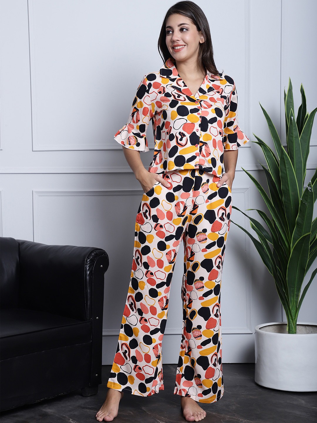 

Claura Abstract Printed Night Suit, White