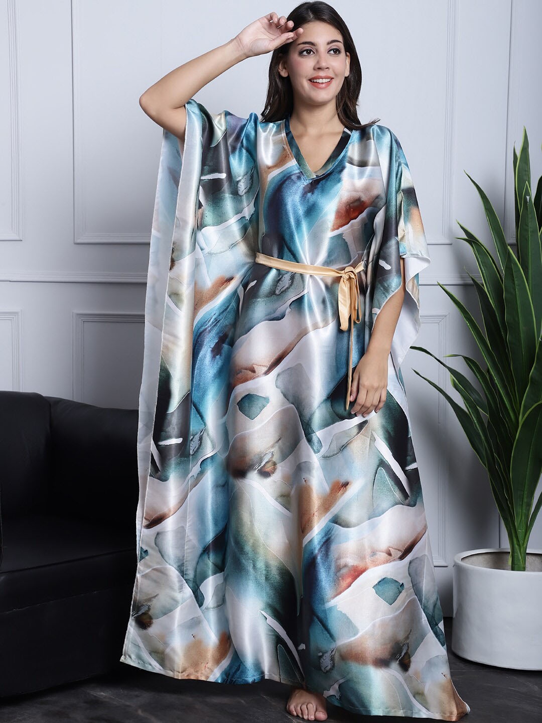 

Claura V Neck Abstract printed Kaftan Nightdress, Blue