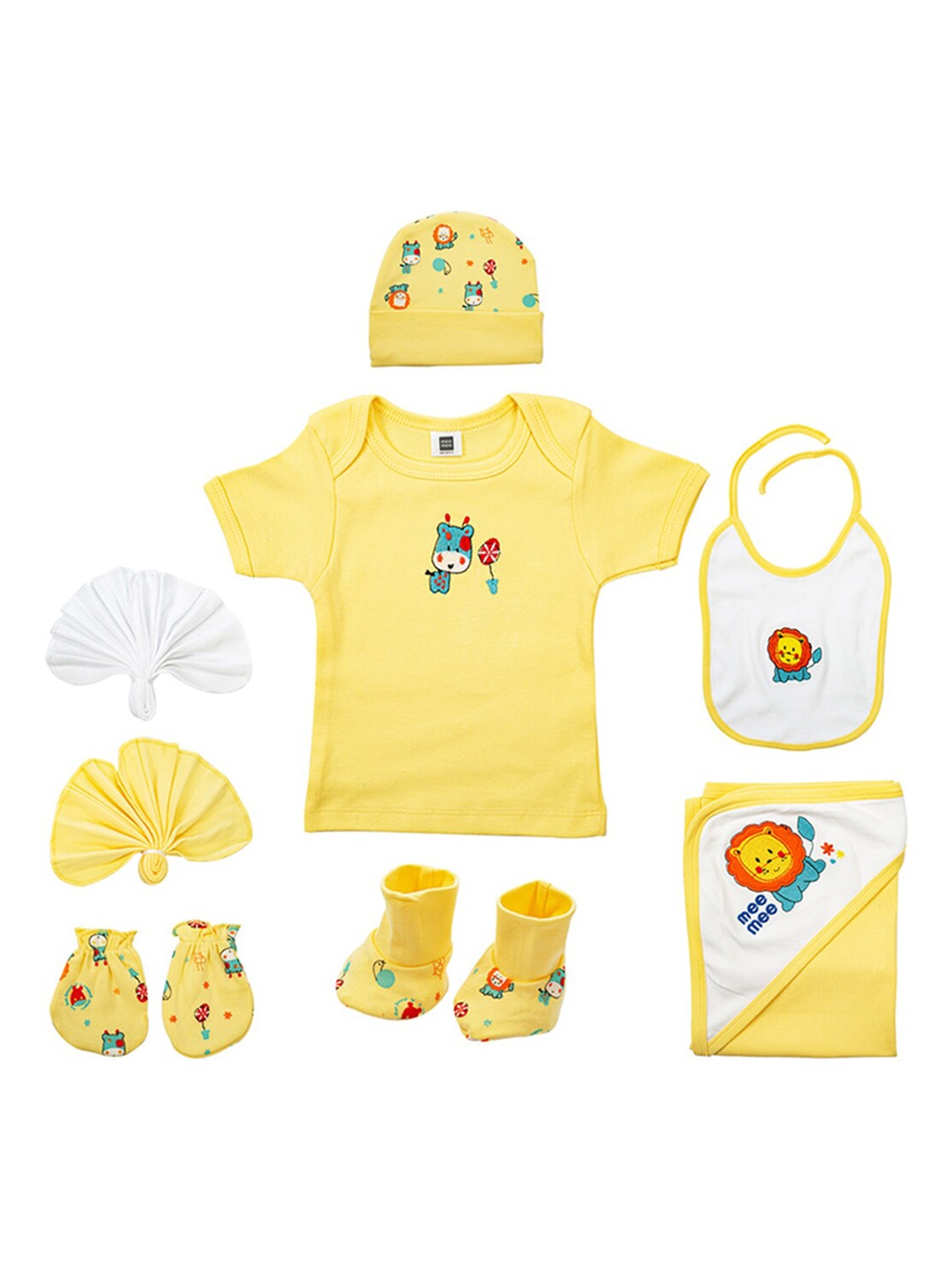 

MeeMee Infants Pack Of 8 Printed Pure Cotton Baby Apparel Gift Set, Yellow