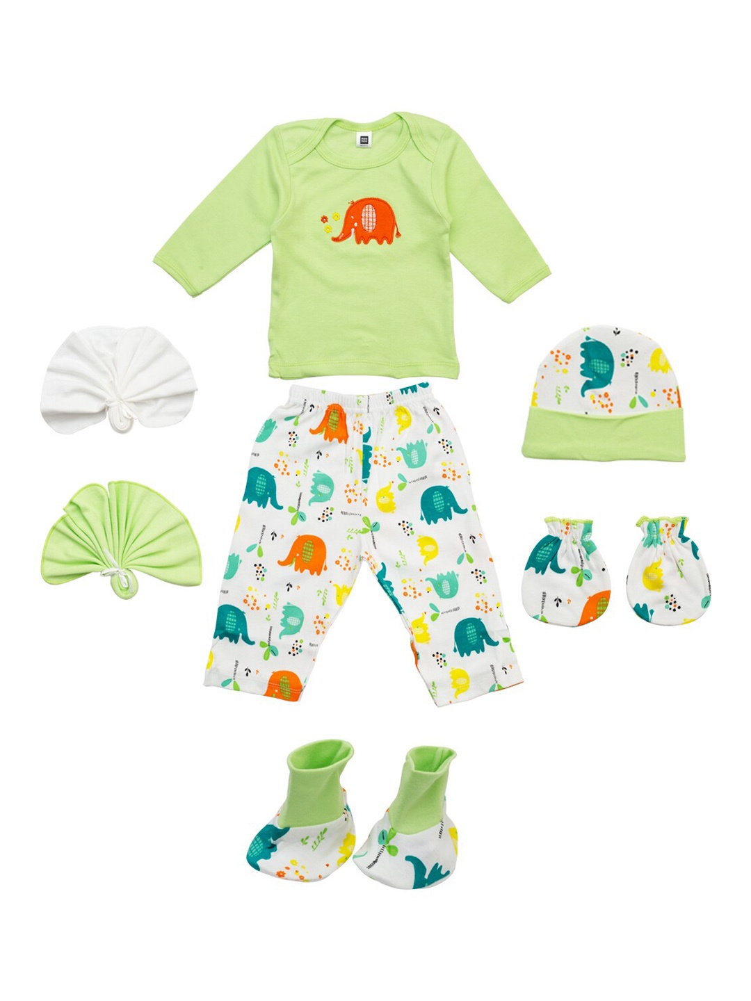 

MeeMee Infants Pack Of 7 Printed Pure Cotton Baby Apparel Gift Set, Green