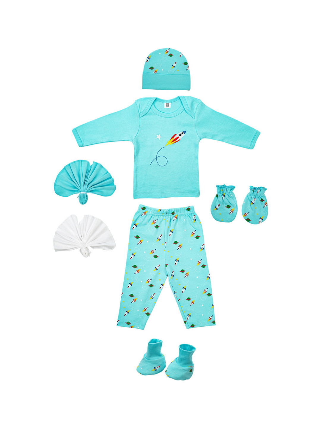 

MeeMee Infants Pack Of 7 Printed Pure Cotton Baby Apparel Gift Set, Blue