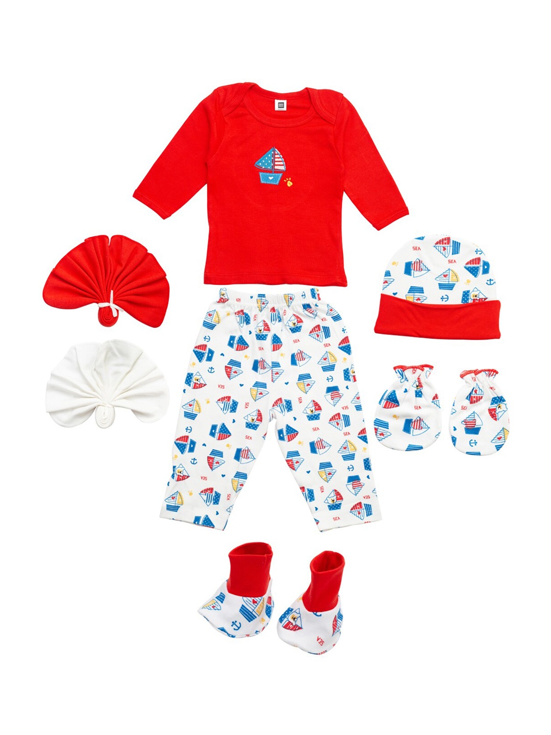 

MeeMee Infants Pack Of 7 Printed Pure Cotton Baby Apparel Gift Set, Red