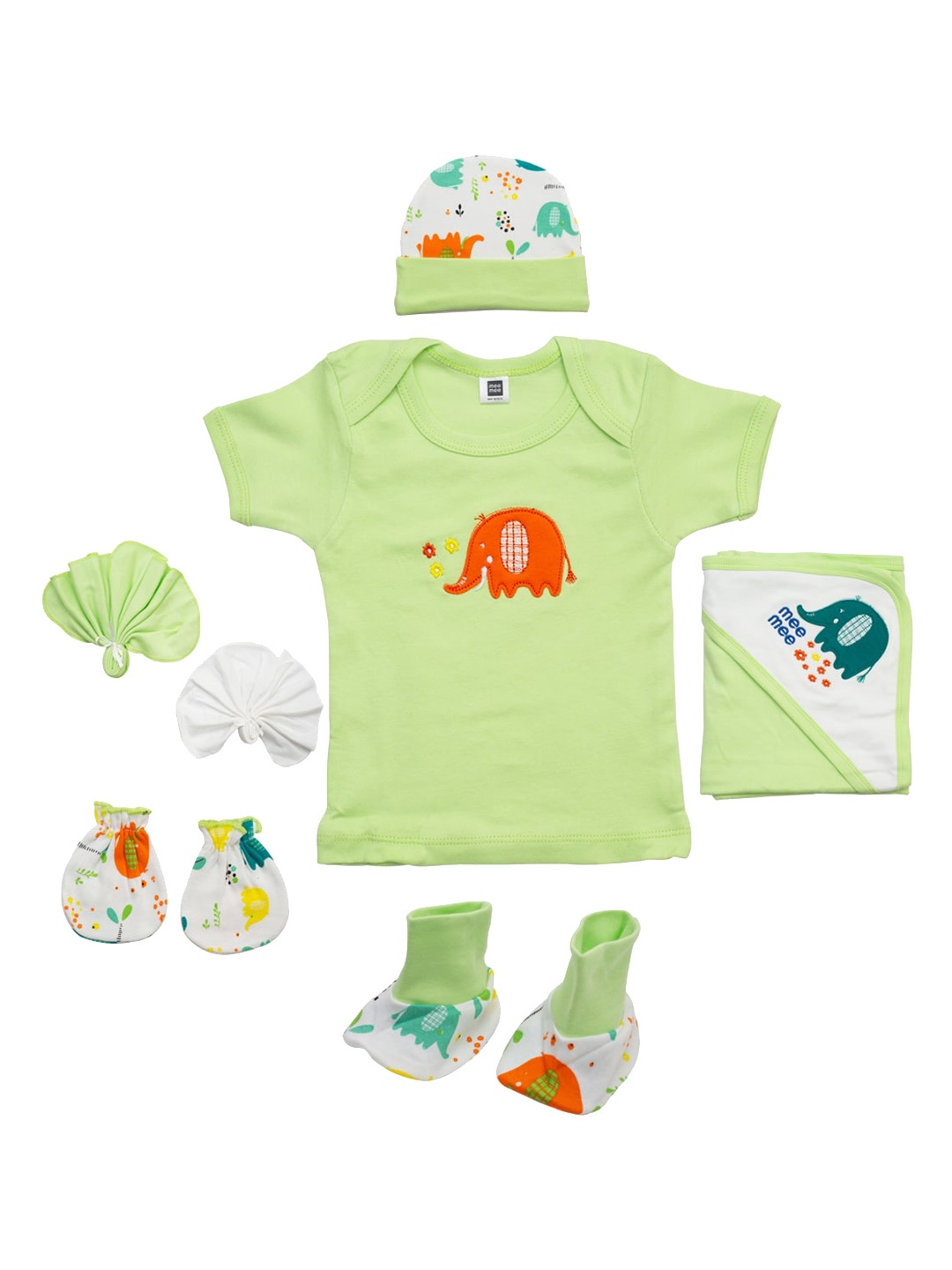 

MeeMee Infants Pack Of 8 Printed Pure Cotton Baby Apparel Gift Set, Green