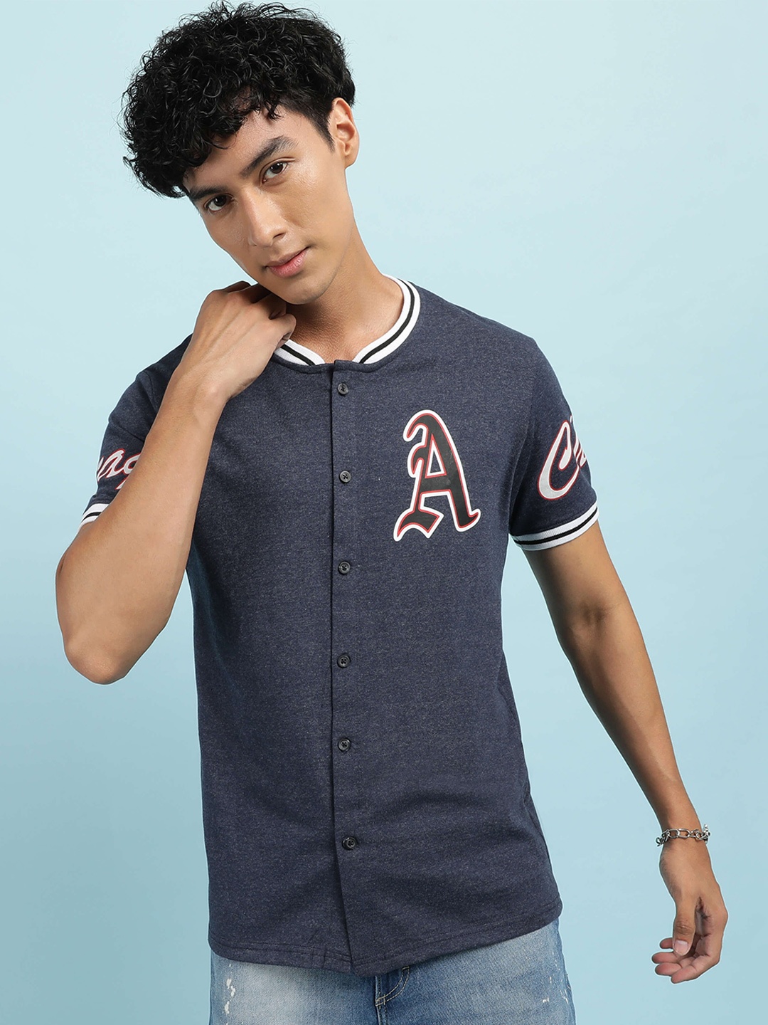 

FTX Typography Printed Mandarin Collar Cotton T-shirt, Blue