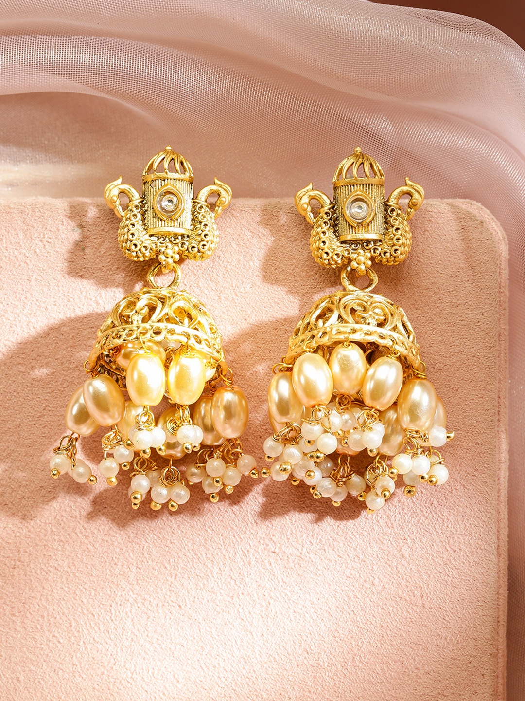 

Rubans 22K Gold-Plated Dome Shaped White Pearl Beaded Jhumka Earrings