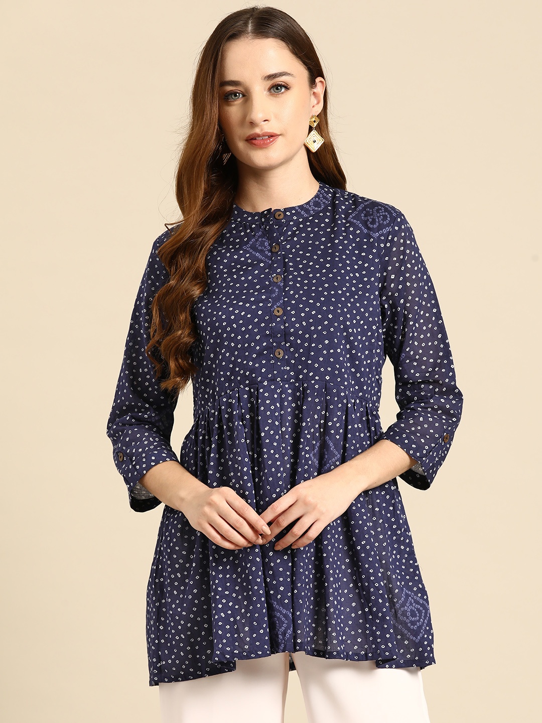

Anouk Bandhani Printed Mandarin Collar Pure Cotton Pleated Short Kurti, Navy blue