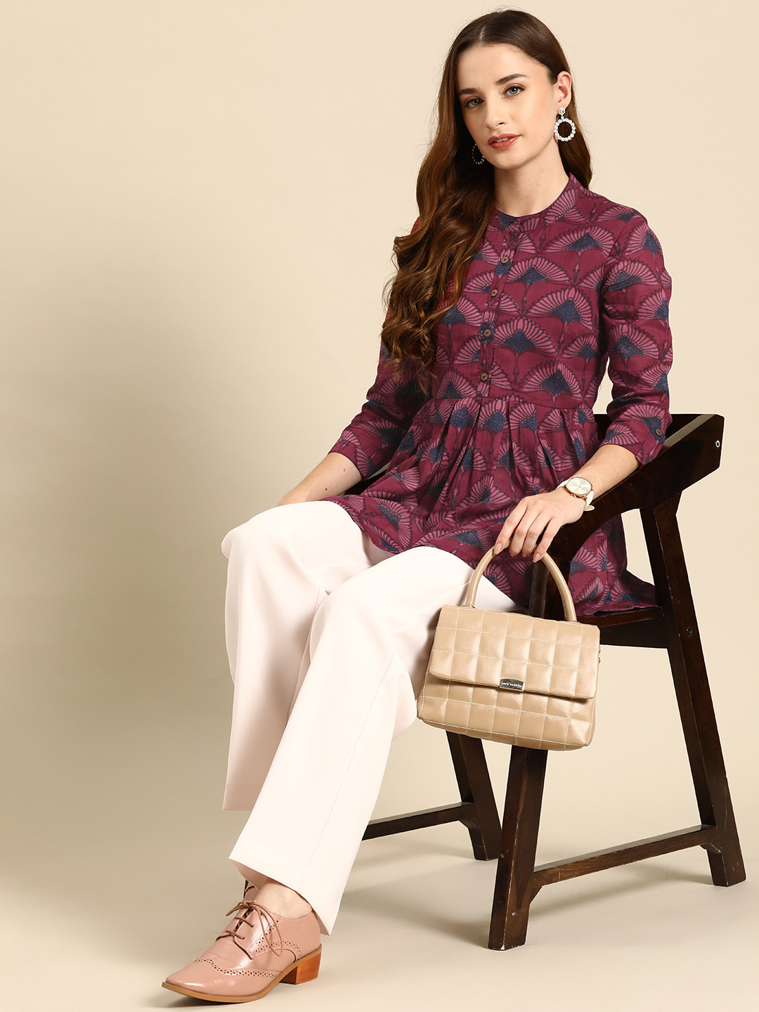 

Anouk Floral Printed Mandarin Collar Pure Cotton Pleated Kurti, Burgundy