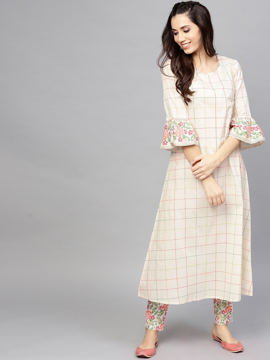 

AKS Checked Bell Sleeves Thread Work Pure Cotton Kurta, Off white
