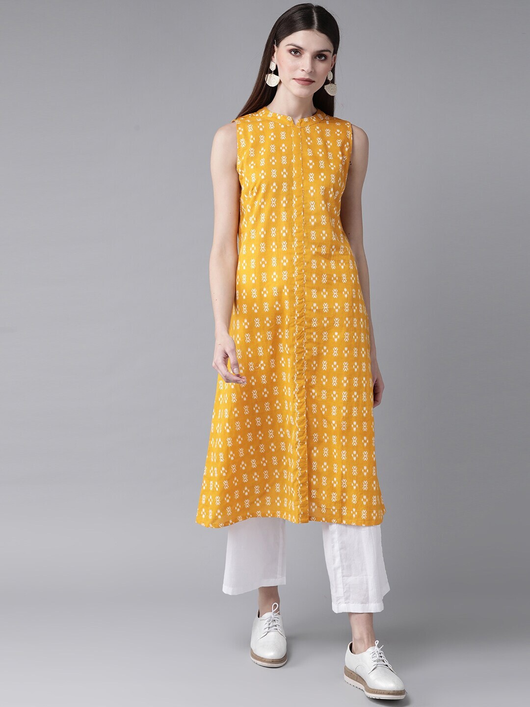

AKS Ethnic Motifs Printed Pure Cotton A-Line Kurta, Yellow