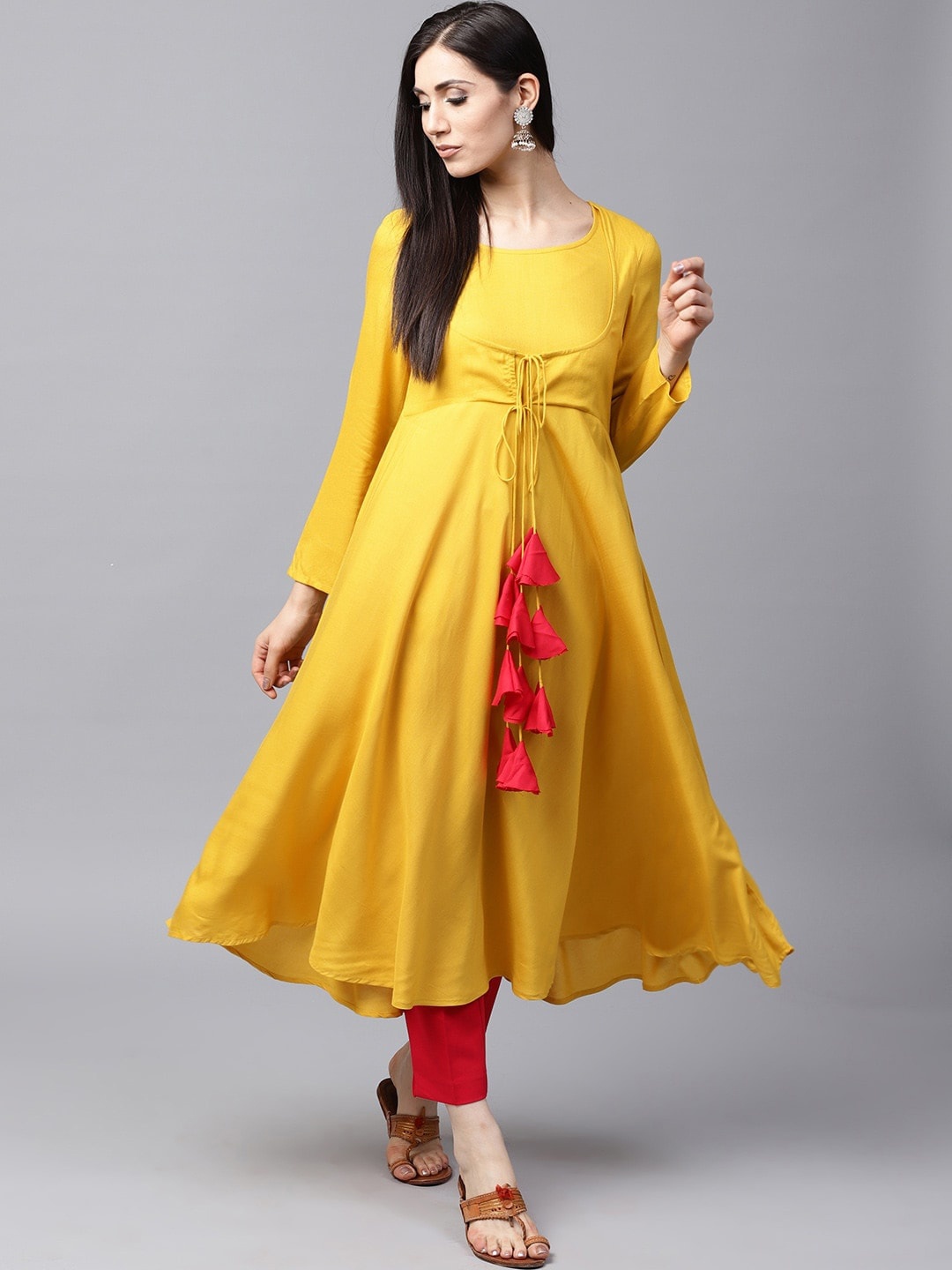 

AKS Women Tasseled Anarkali Kurta, Mustard