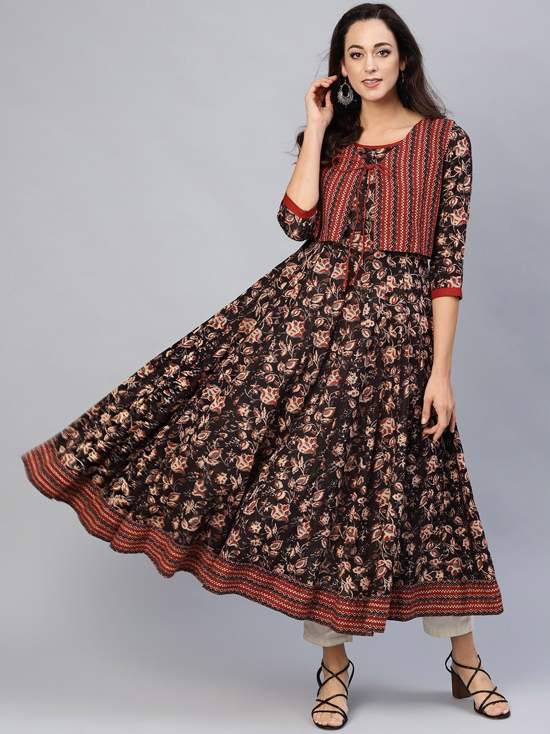 

AKS Ethnic Motifs Printed Pure Cotton Anarkali Kurta With Jacket, Brown