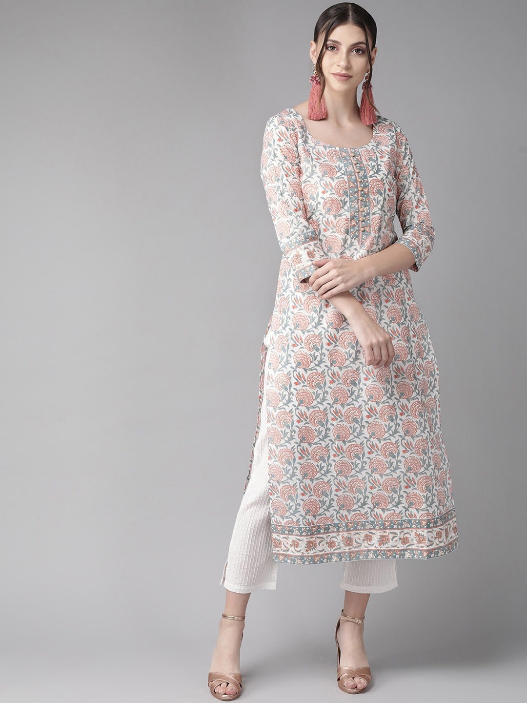 

AKS Floral Printed Pure Cotton Straight Kurta, White