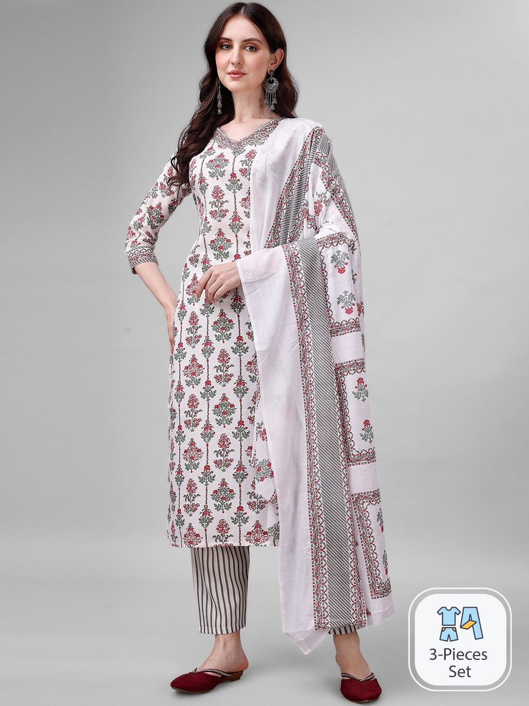 

Sun Fashion And Lifestyle Floral Printed Kurta & Trousers With Dupatta, White