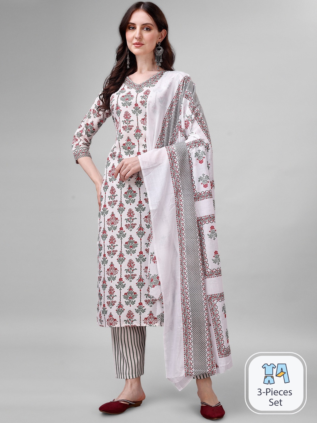 

Sun Fashion And Lifestyle Floral Printed Kurta & Trousers With Dupatta, White