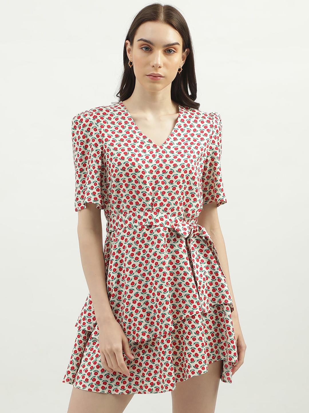 

United Colors of Benetton Floral Printed V-Neck Tie-Ups A-Line Dress, Pink