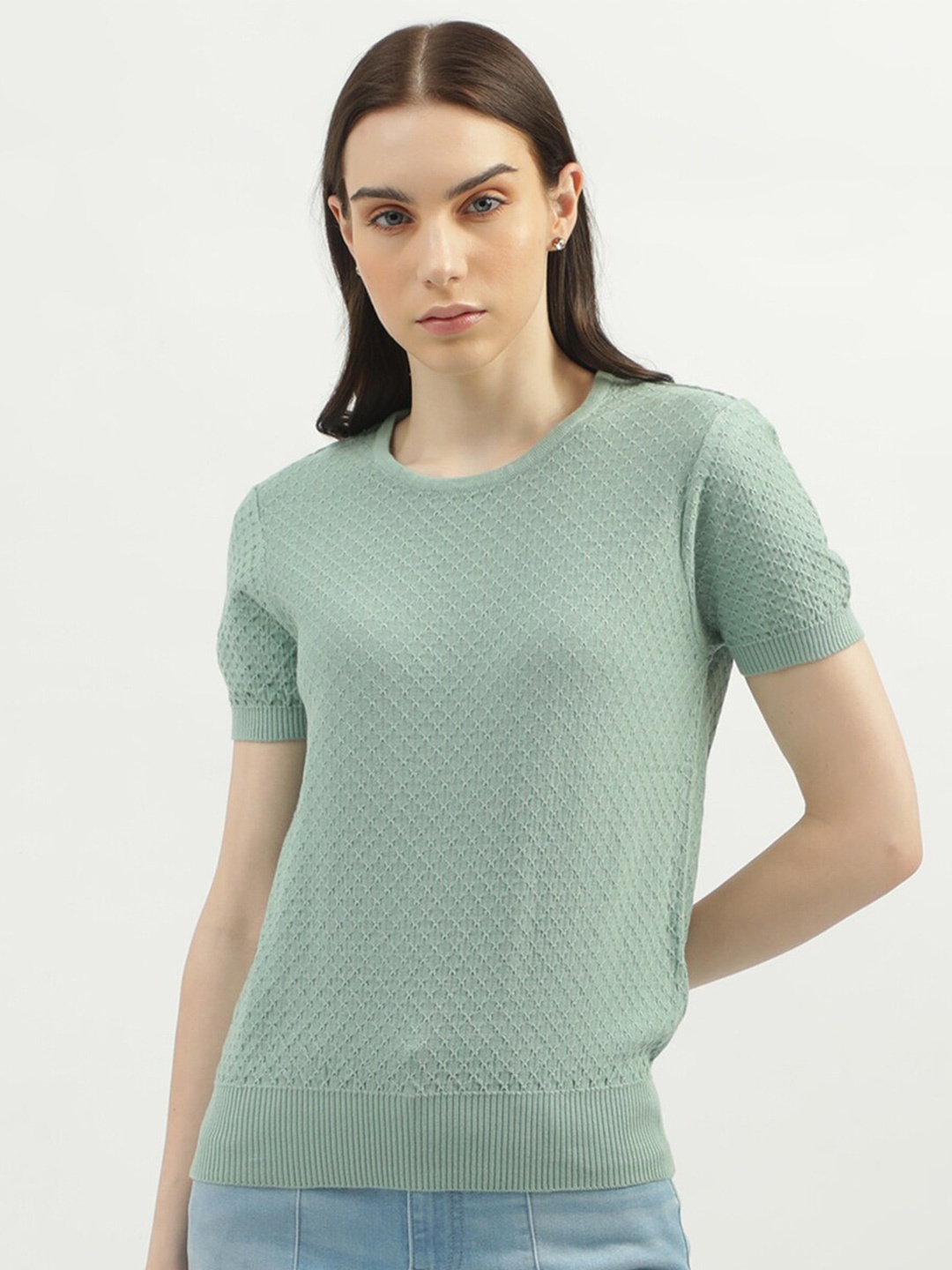 

United Colors of Benetton Women Cable Knit Cotton Pullover, Green