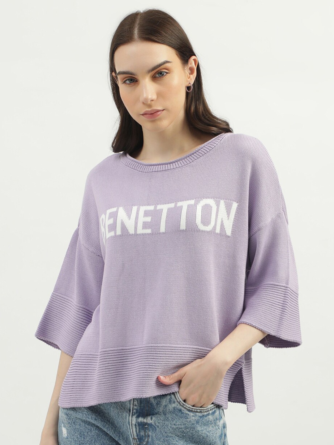 

United Colors of Benetton Women Typography Printed Cotton Pullover, Purple