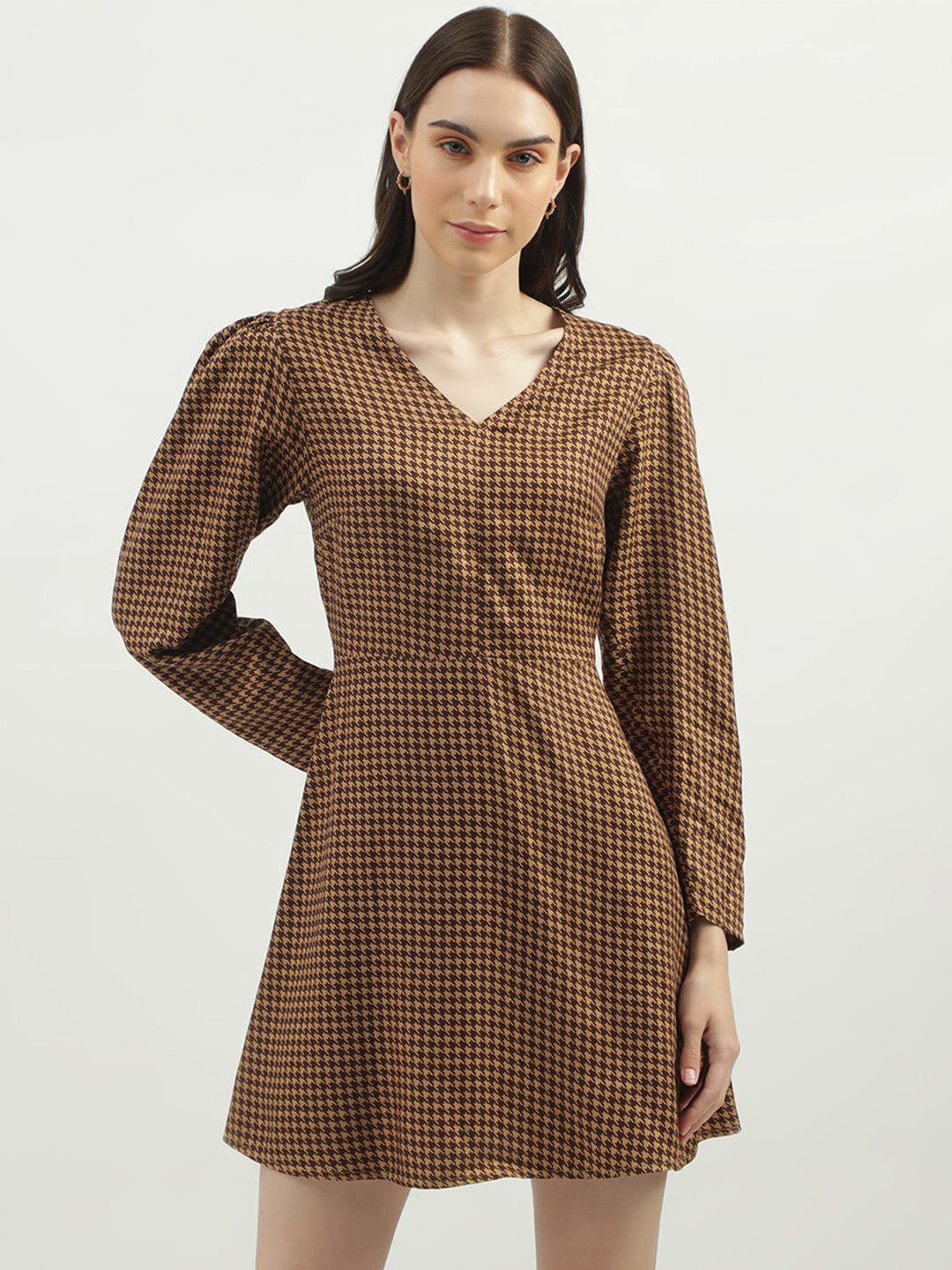 

United Colors of Benetton Geometric Printed Puff Sleeves Fit & Flare Mini Dress, Brown