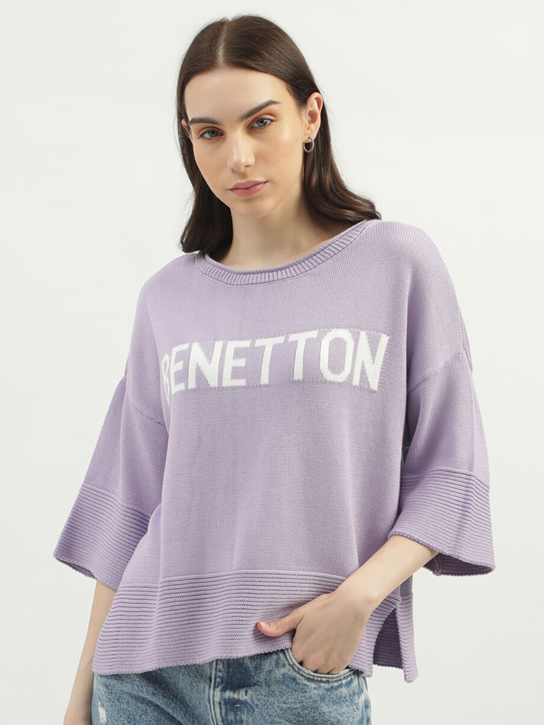 

United Colors of Benetton Typography Printed Cotton Pullover Sweater, Purple