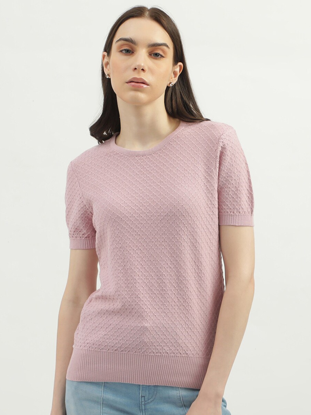 

United Colors of Benetton Self Design Puffed Sleeves Cotton Top, Pink