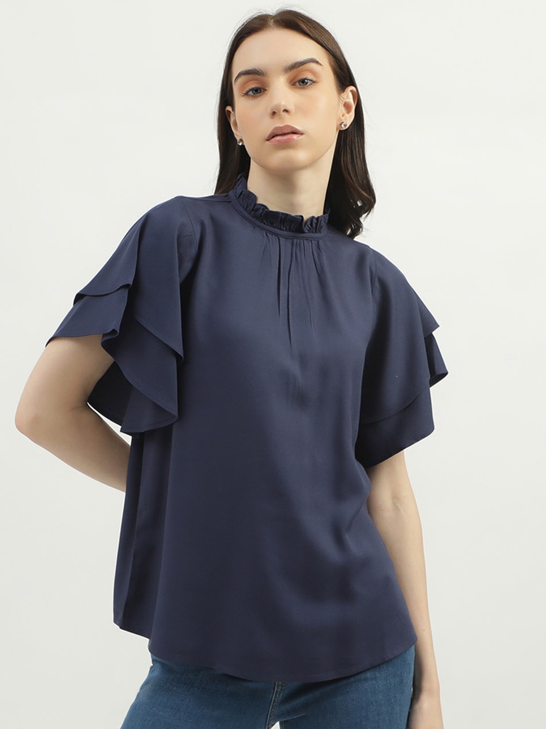 

United Colors of Benetton High Neck Flutter Sleeves Gathered Regular Top, Blue