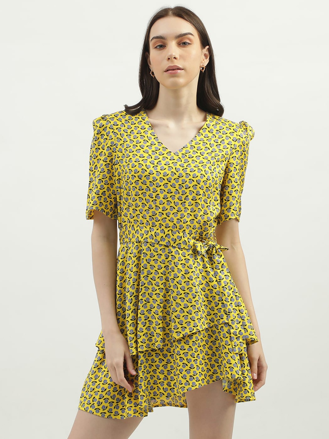 

United Colors of Benetton Floral Printed Puff Sleeves Layered Fit & Flare Dress With Belt, Yellow