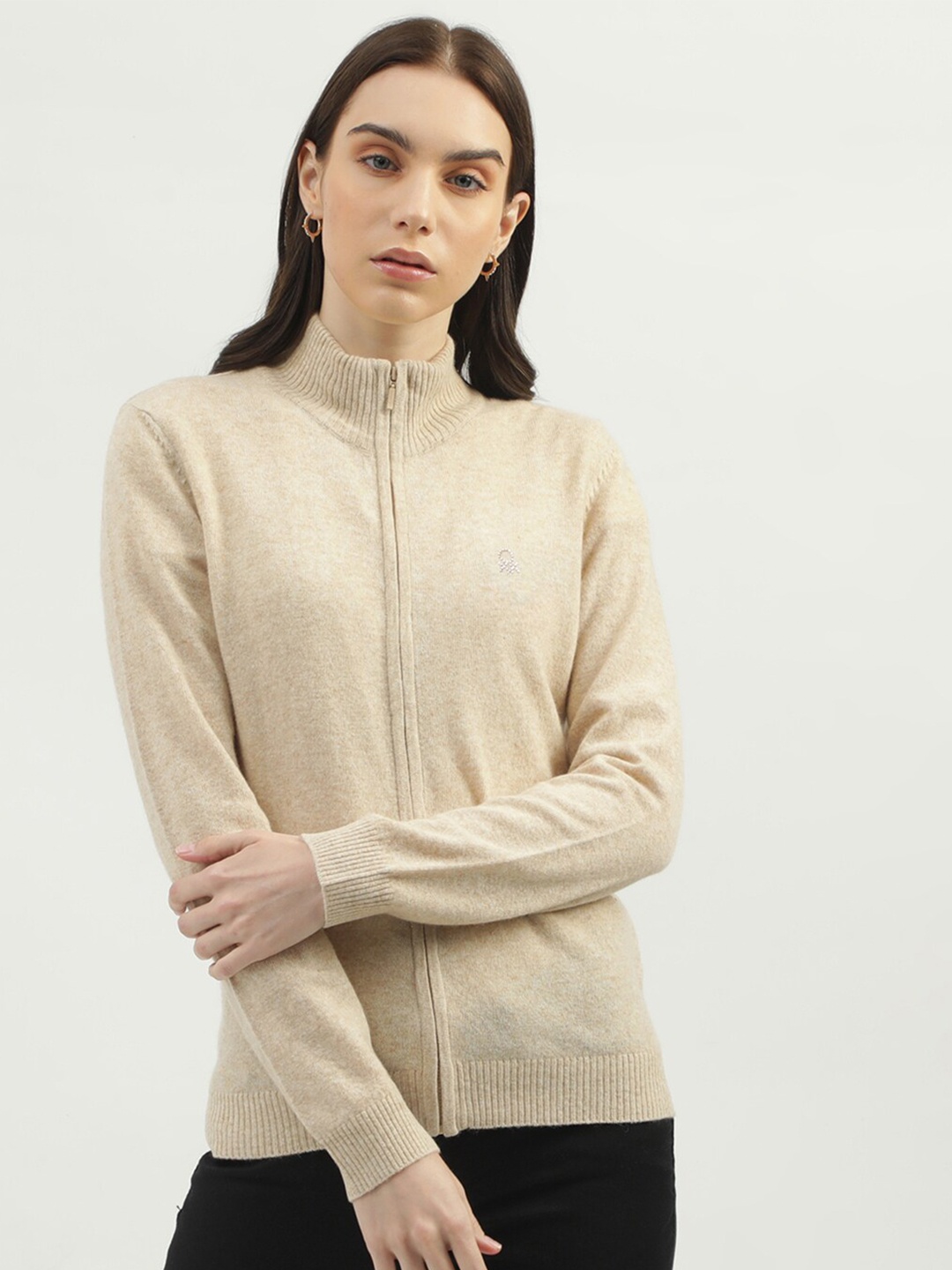 

United Colors of Benetton Turtle Neck Cotton Cardigan Sweater, Beige