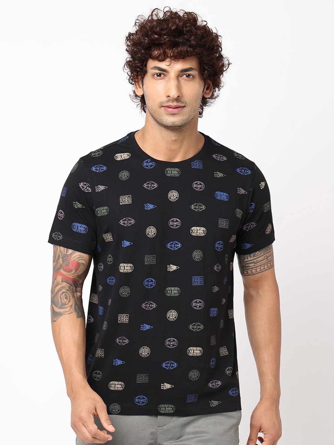 

Blue Buddha Typography Printed Cotton T-shirt, Black