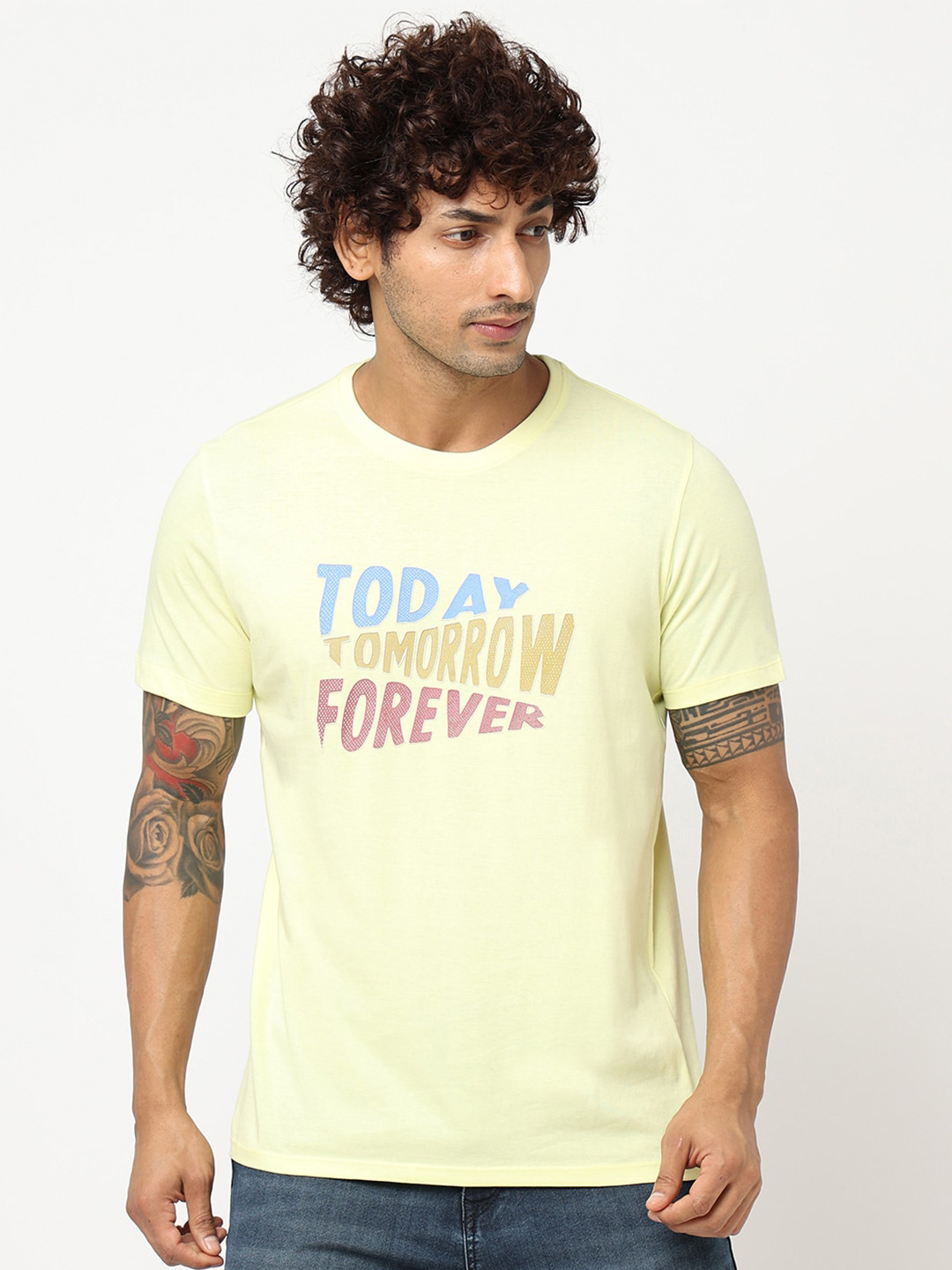 

Blue Buddha Typography Printed Round Toe Cotton T-shirt, Yellow