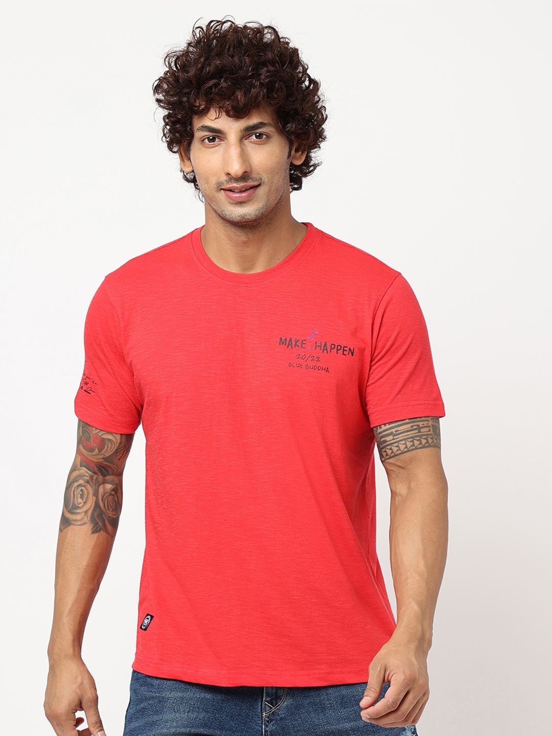 

Blue Buddha Round Neck Cotton T-Shirt, Red