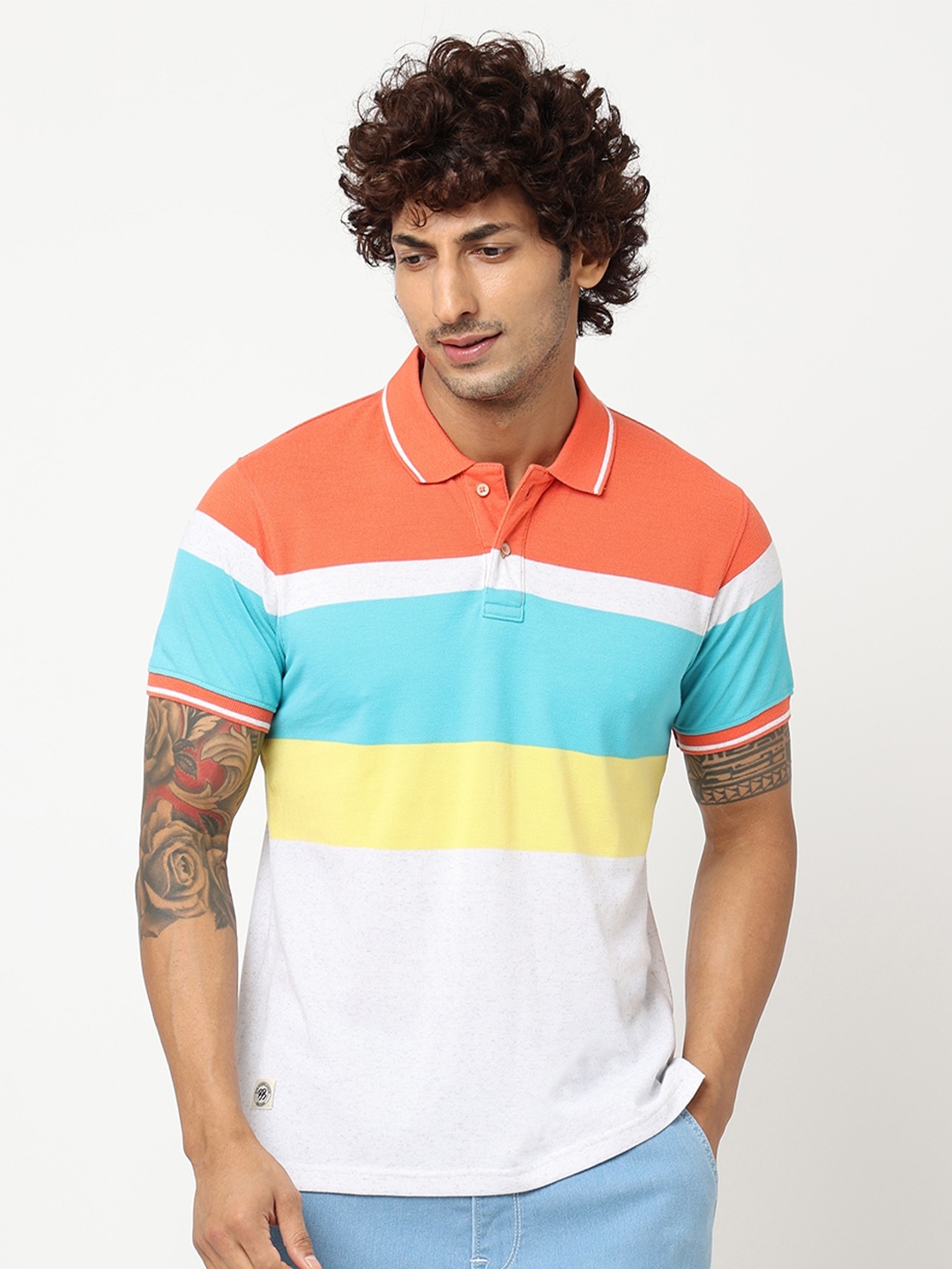 

Blue Buddha Striped Polo Collar T-shirt, White
