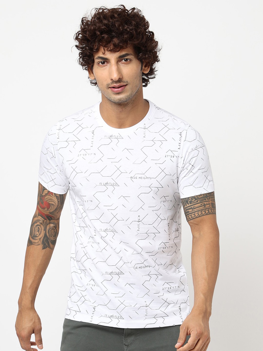

Blue Buddha Geometric Printed Round Neck Cotton T-shirt, White