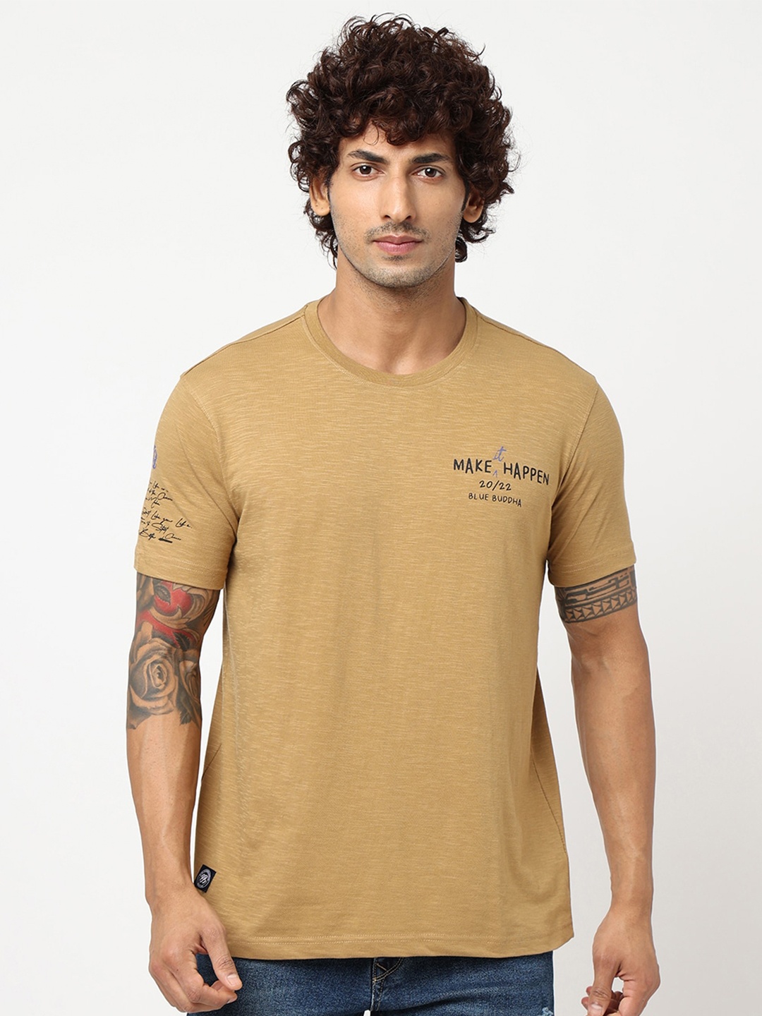 

Blue Buddha Typography Printed Cotton T-shirt, Brown