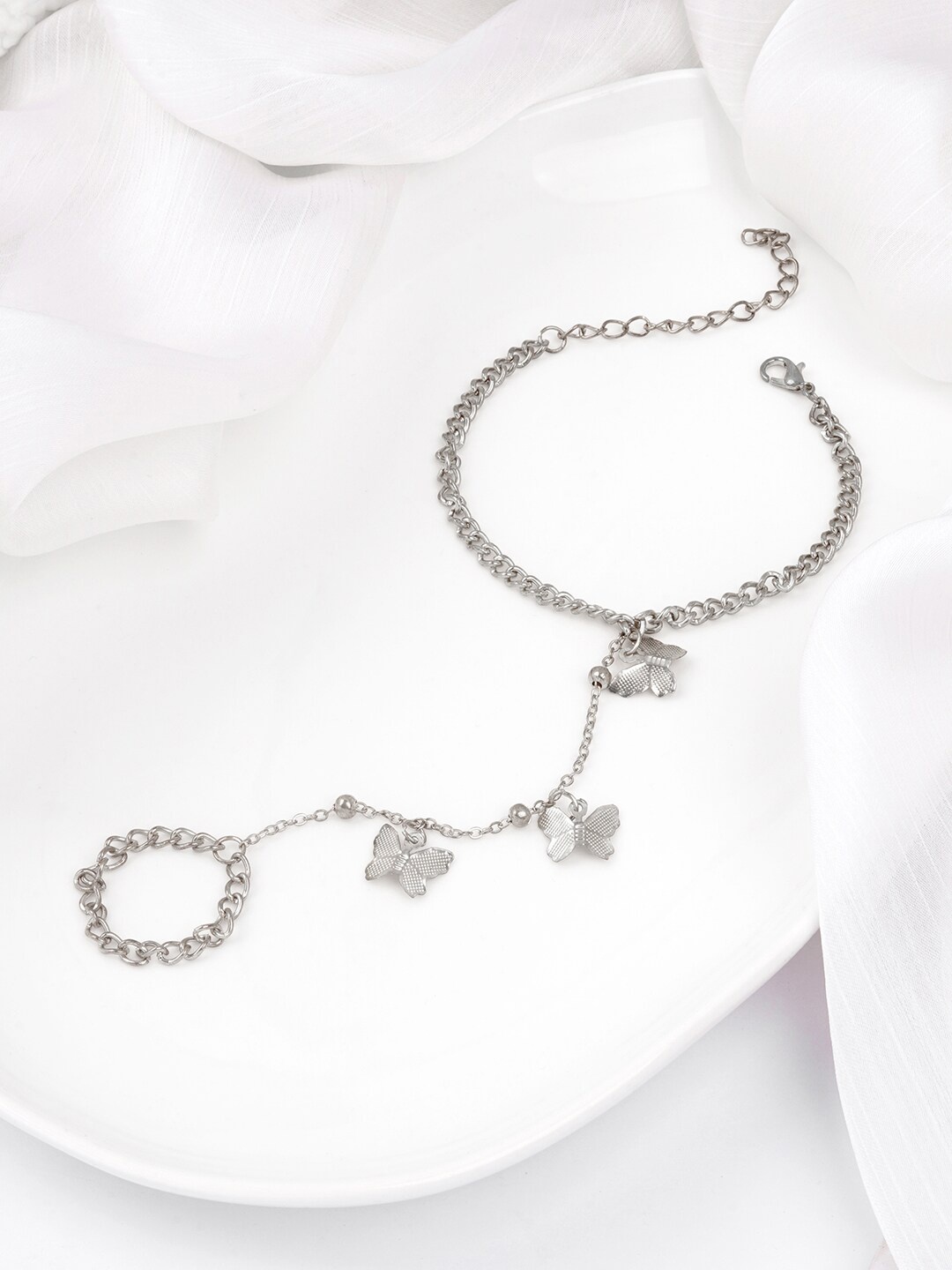 

BEWITCHED Women Silver-Plated Butterfly Charm Ring Bracelet