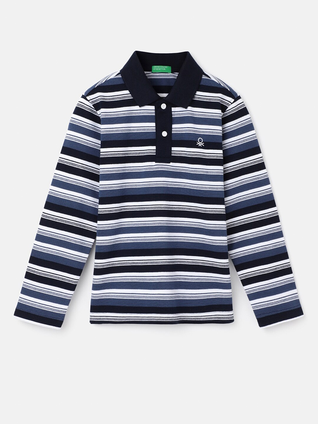 

United Colors of Benetton Boys Striped Polo Collar Cotton T-shirt, Navy blue
