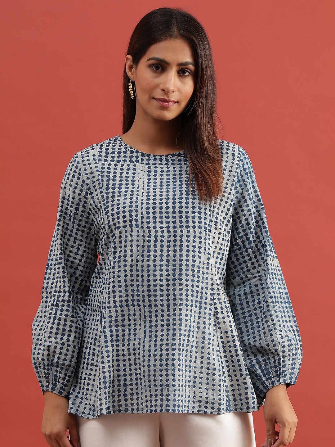 

W Abstract Printed Puff Sleeve Pure Cotton A-Line Top, Grey