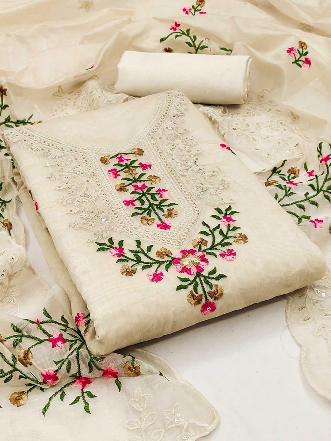 

KALINI Embroidered Art Silk Unstitched Dress Material, Cream