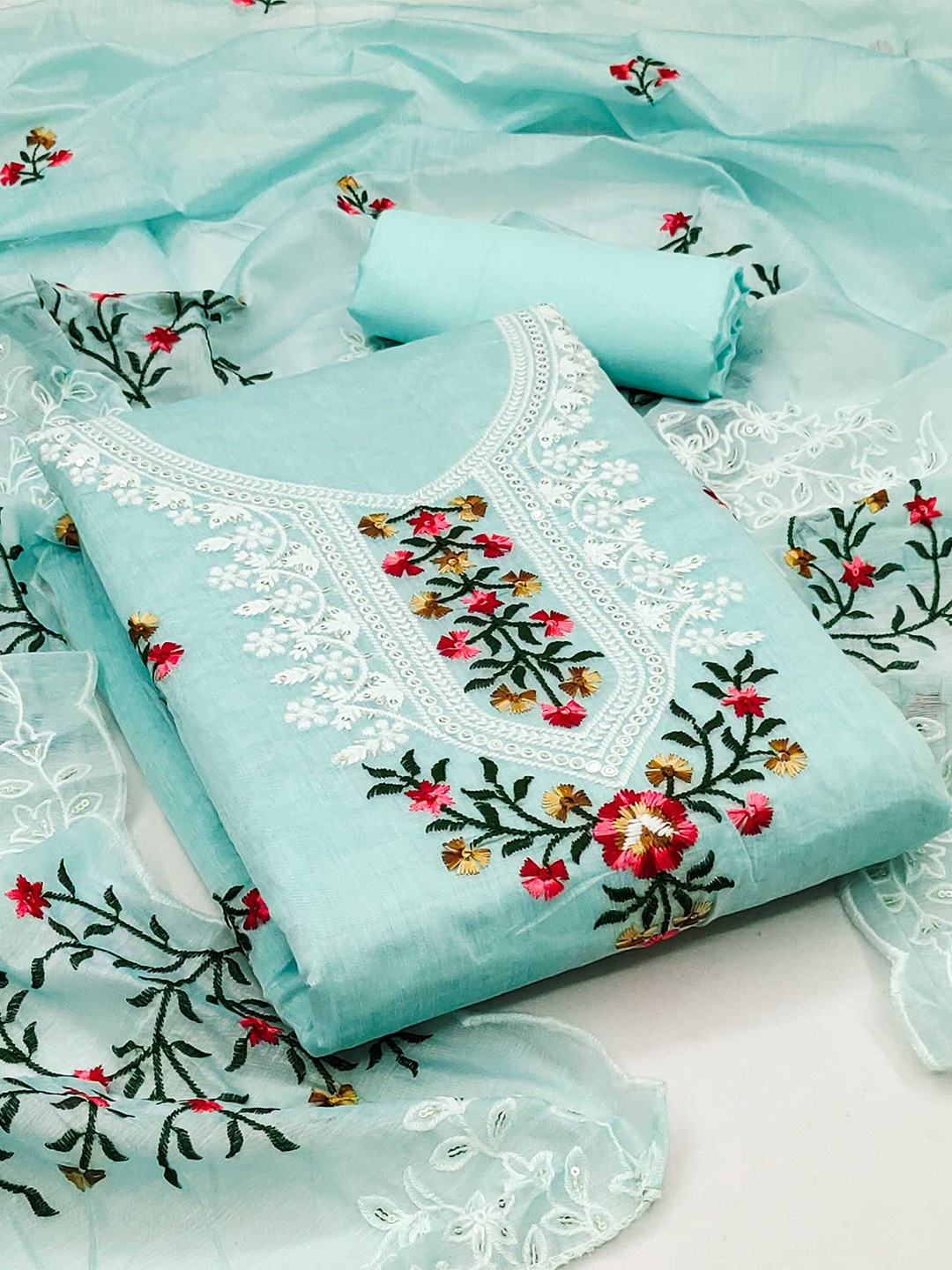 

KALINI Embroidered Art Silk Unstitched Dress Material, Blue