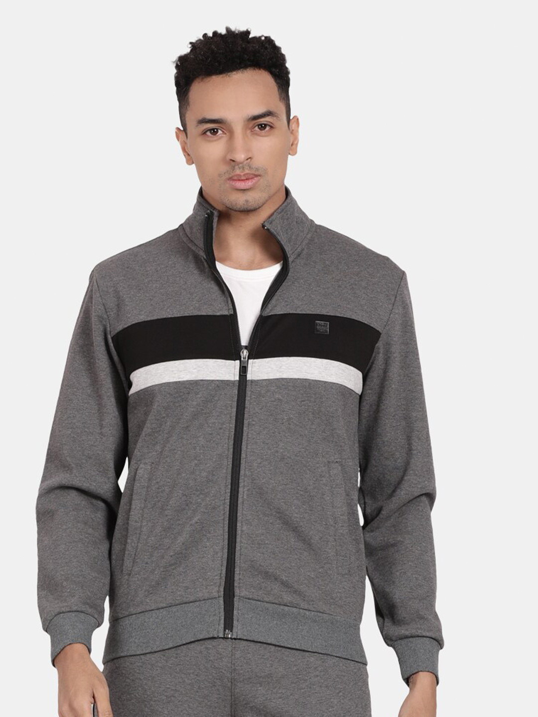 

t-base Colourblocked Mock Collar Front Open Cotton Sweatshirt, Grey