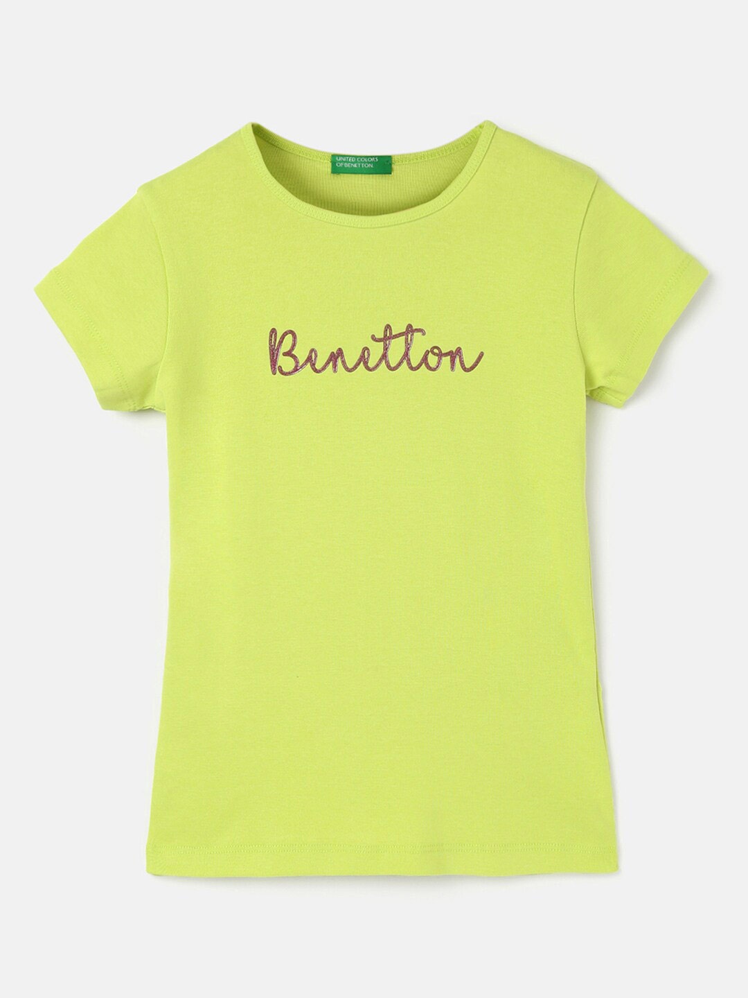 

United Colors of Benetton Girls Typography Printed Cotton T-Shirt, Green