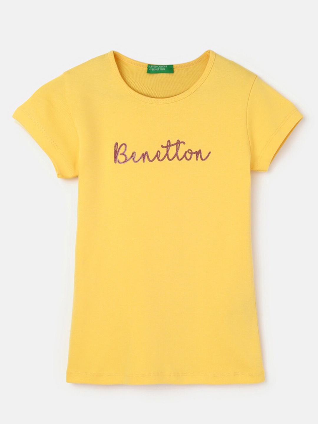 

United Colors of Benetton Girls Typography Printed Cotton T-Shirt, Yellow