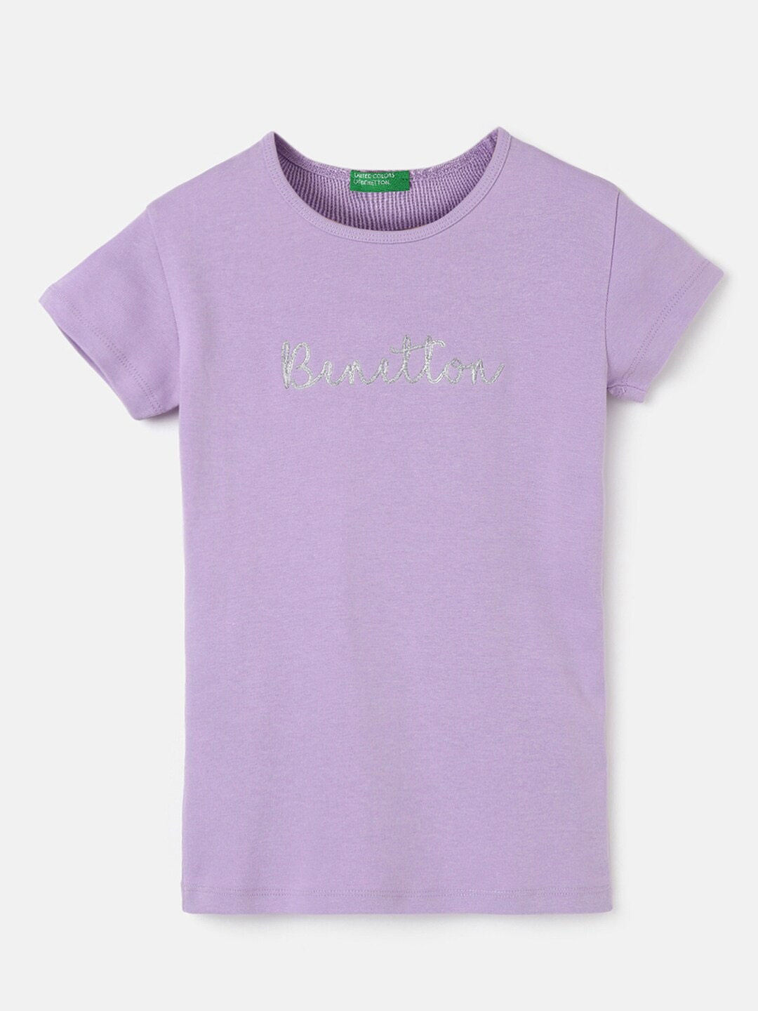 

United Colors of Benetton Girls Typography Printed Regular Fit Cotton T-shirt, Purple