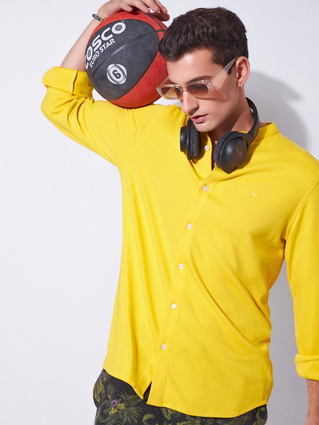 

Markle Moro Band Collar Slim Fit Cotton Casual Shirt, Yellow
