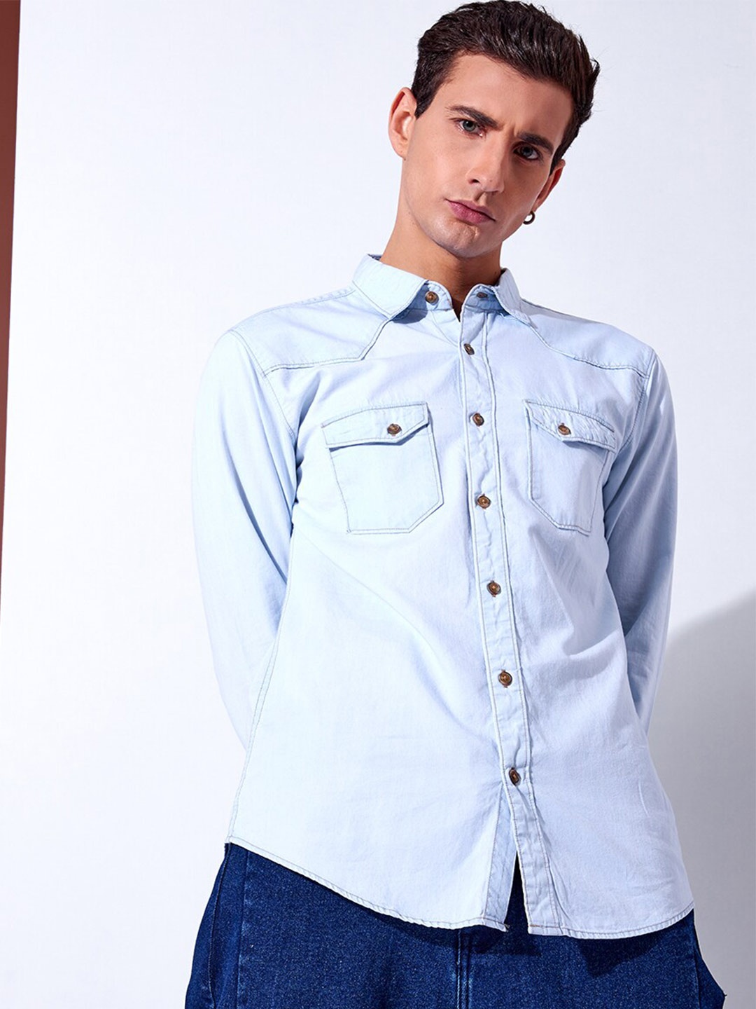 

Markle Moro Spread Collar Slim Fit Denim Casual Shirt, Blue