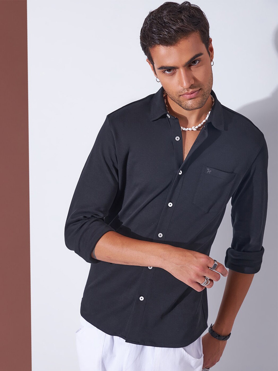 

Markle Moro Spread Collar Slim Fit Cotton Casual Shirt, Black