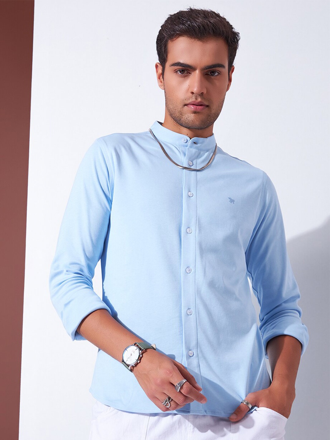 

Markle Moro Band Collar Slim Fit Cotton Casual Shirt, Blue