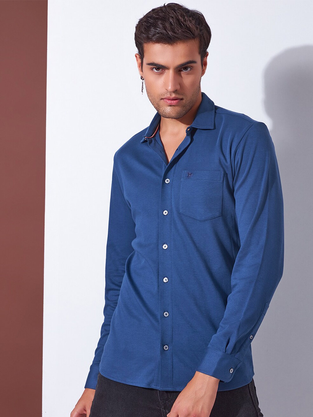 

Markle Moro Spread Collar Slim Fit Knitted Cotton Casual Shirt, Blue
