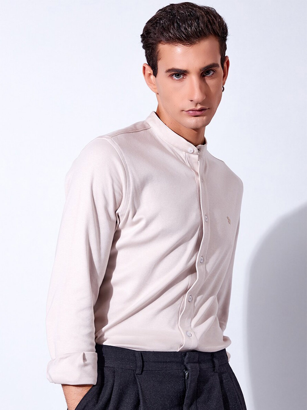 

Markle Moro Mandarin Collar Opaque Casual Shirt, Beige