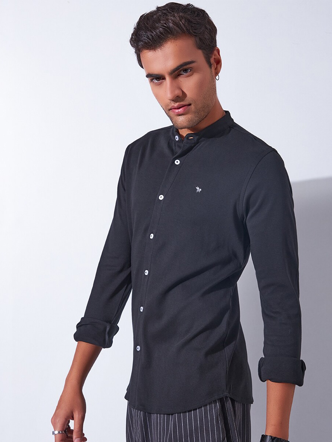 

Markle Moro Band Collar Knitted Slim Fit Cotton Casual Shirt, Black