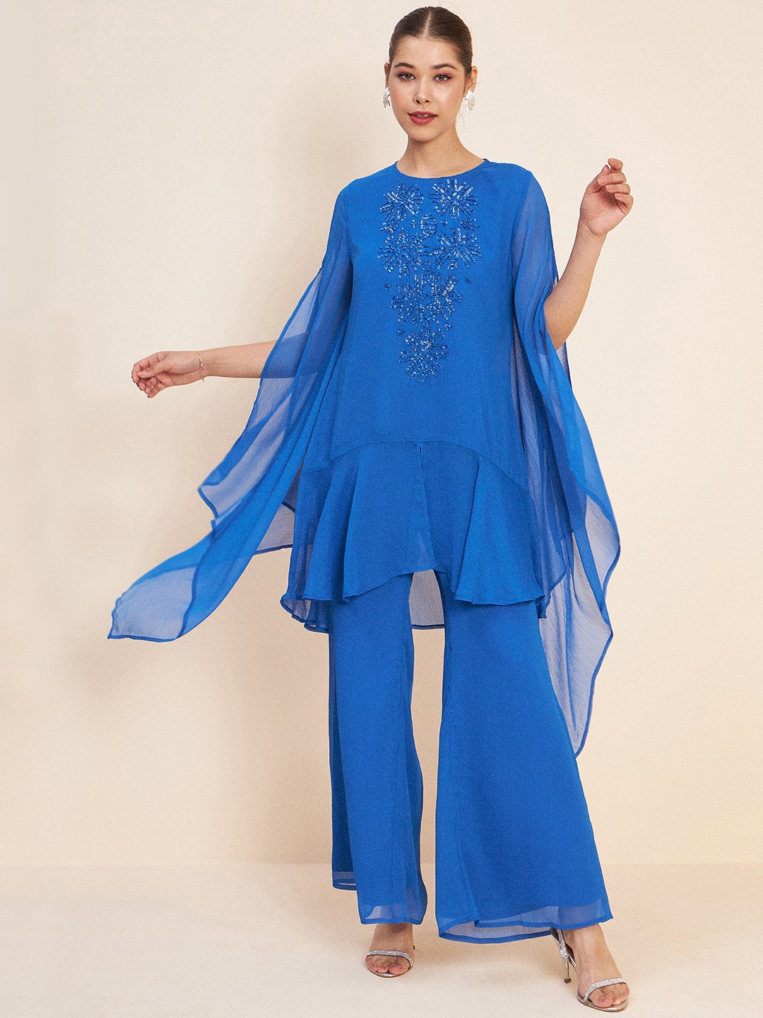 

Antheaa Blue Embellished Tunic With Palazzos Co-Ords